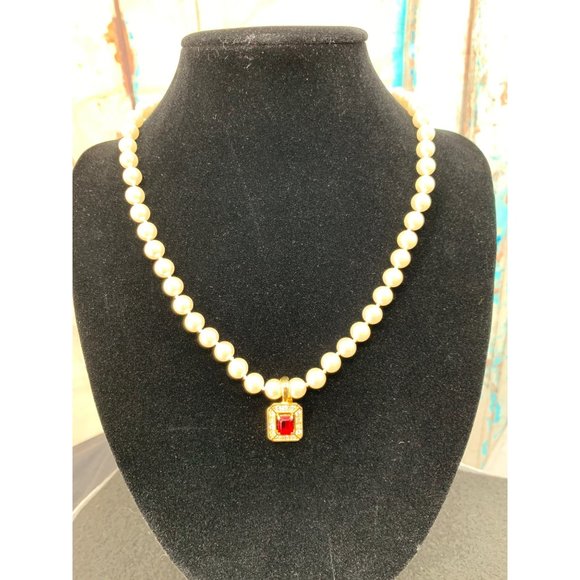 8mm Faux Pearl Necklace 18" with Red  Pendant - Picture 1 of 6